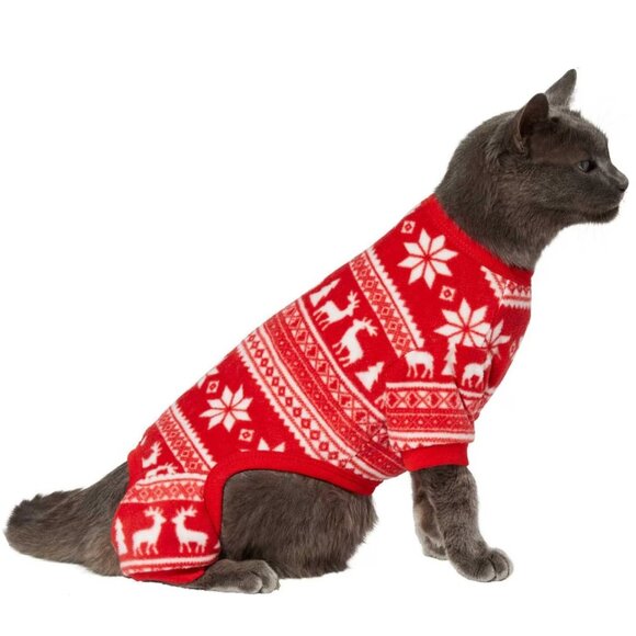 BNWT Red Fair Isle Dog & Cat Fleece Pajamas - Sizes M, L, XL - Picture 2 of 6